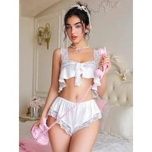 Veraura Lifestyle Kadın Beyaz Dantel İşlemeli Sütyenli Saten Şortlu Takım