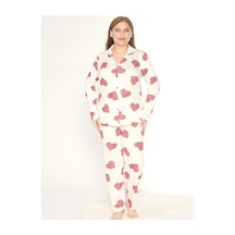 Boydan Düğmeli Battal Kalp Desen Uzun Kol Pijama Takım Mevsimlik Alperi B790-47 Bordo