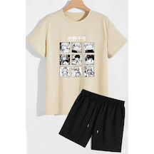 Uyguntarz Rahat Tasarım Anime Şort T-shirt Eşofman Takımı Bej