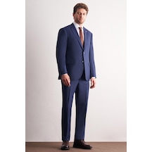 İmza Lacivert Mono Yaka Kendinden Çizgili Desen Esnek 4 Drop Comfort Fit Classic Takım Elbise 1001255159 Lacivert