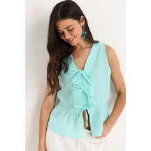 Shade Kadın V Yaka Fiyonk Detaylı Müslin Peplum Bluz G28-4883 60283356 - Su Yeşili