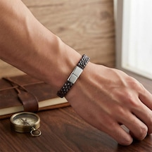Premium Kahve Deri Burma Örgü Çelik Halat Bileklik 31834b1d3-3 - 21 Cm Uzunluk Kahverengi