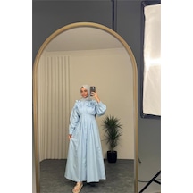 Neşeli Butik Kadın Bebe Mavi Belden Oturtmalı Çiçek Detaylı Premium Tesettür Elbise Nbvq4933 Bebe Mavisi
