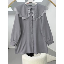 Lovie Moda Yakası Dantel Detaylı Tunik Gri