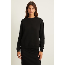 Grimelange VİLİ Kadın İçi Polarlı Oversize Fit Basic Bisiklet Yaka Uzun Kollu Siyah Sweatshirt