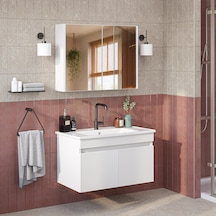 Lavabolu Mdf 80 Cm Banyo Alt Dolabı + Aynalı Üst Dolabı , Banyo Dolabı Takımı Beyaz