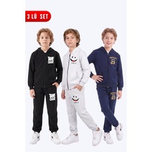 Panios Kids 3'lü Erkek Çocuk Baskılı Fermuarlı Kapüşonlu Çift Cepli Eşofman Takımı Siyah-gri-lacivert