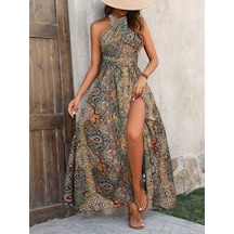 Kadın Omuzlardan Açık Yırtmaçlı Desenli Süprem Elbise - 62590 2xl/3xl - Desenli Mavi