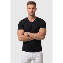Rizzup Erkek Siyah Slim Fit %90 Pamuk V Yaka Likralı Yumuşak Dokulu Basic Tişört 1801165