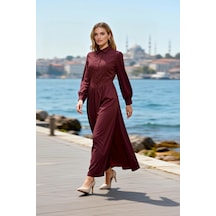 Benerly Kadın Maxi Elbise Yaka Uzun Kol Skater Kalıp Dokuma Düz Desen Ast Mürdüm