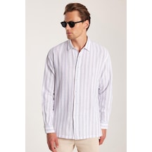 Tudors Relax Fit Oversize Dökümlü Rahat Kesim Çizgili Keten Spor Erkek Gömlek-33901 Çok Renkli
