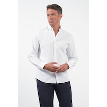 İmza Beyaz-mavi Yumuşak Yaka Uzun Kol Slim Fit Pamuklu Gömlek 1004260259 Beyaz - Mavi