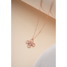 925 Ayar Gümüş Rose Kaplama Pembe Taşlı 4 Yapraklı Yonca Kolye Rose Gold