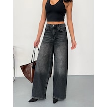 Kadın Füme Taşlamalı Baggy Jean Yüksek Bel Geniş Paça Kot Pantolon Siyah Siyah+taşlamalı