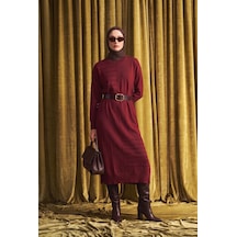 Armine Trend Asimetrik Pilise Detaylı Bisiklet Yaka Uzun Kollu Kemerli Elbise Bordo 26ktd912