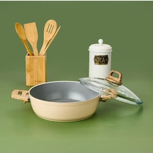 Hisar Seramik Kaplama Basık Tencere - Beyaz / Kahverengi - 26 Cm