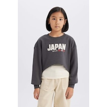 DeFacto Kız Çocuk 2'li Takım Crop Bisiklet Yaka Baskılı Sweatshirt Atlet D8820A825SPAR104 Antrasit