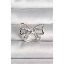 Pirinç Gümüş Renk Ayarlanabilir Zirkon Taşlı Kurdele Model Kadın Yüzük - Tj-byk3585