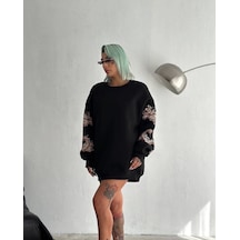 Bisiklet Yaka Baskılı Sweatshirt - Siyah Siyah