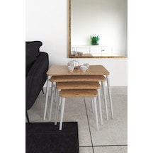 Selen 4lü Zigon Sehpa Ahşap Beyaz Ayaklı Salon Seti Çay Sehpası Çam