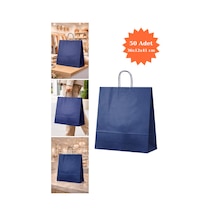 Elit Burgu Saplı Kraft Çanta Mavi Fsc Sertifikalı Kağıt Poşet Butik Hediye Torbası 36x12x41 Cm 50li