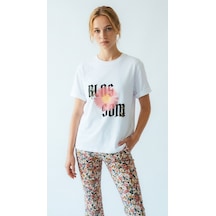 Hoxie Kadın Beyaz Blossom Baskılı Kısa Kollu Oversize Tişört