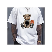 Caddemia Yaz Moda Gündelik Spor Gevşek Ve Eğlenceli Basketbol Ayı Deseni Baskılı Yuva Beyaz 2XL