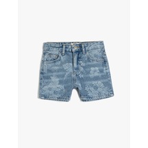 Koton Çiçek Desenli Cepli Pamuklu Denim Şort Lıght Indıgo 5skg40082ad Açık Mavi