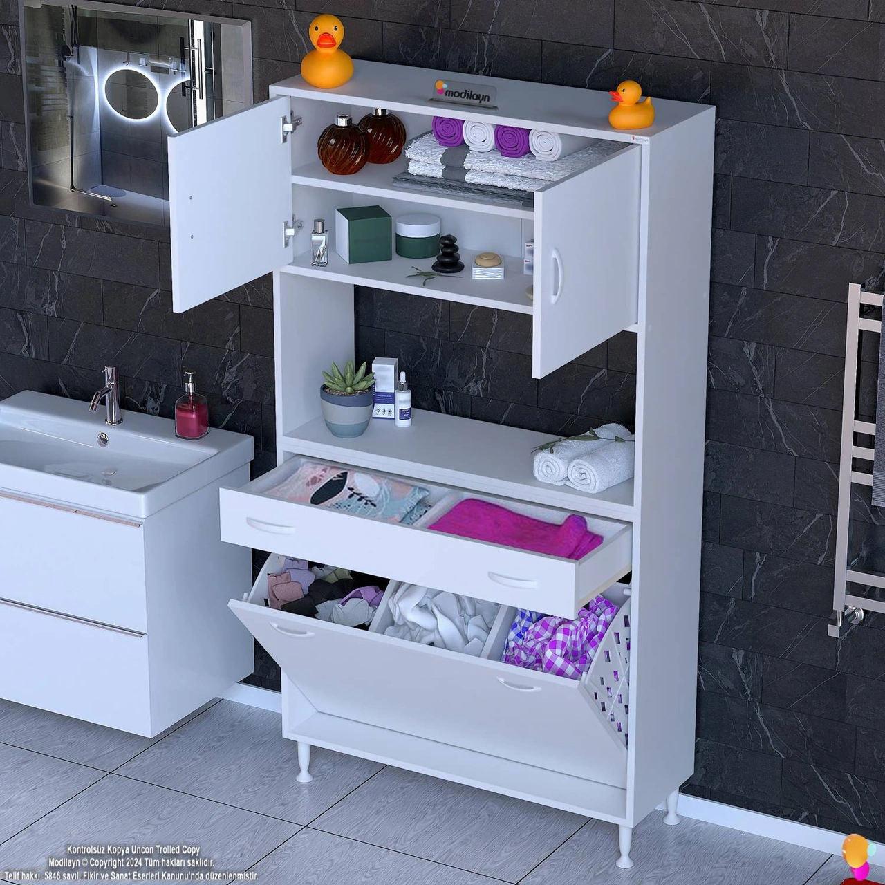 Azra Tek Çekmece 3 Göz Sepetli Ve 3 Raf Banyo Ve Mutfak Dolabı Çok Amaçlı Dolap 95x173x32,5 Cm Beyaz