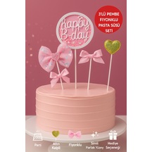 Pembe Fiyonklu Happy B-day Pasta Süsü 3 Lü Set Altın Kalpli Simli Doğum Günü Dekoru