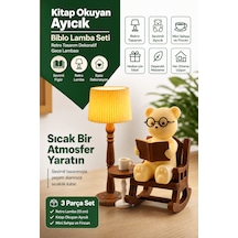 Kitap Okuyan Ayıcık Biblo Lamba Seti - Retro Tasarım Dekoratif Gece Lambası + Mum Hediye 11,5cmx4,2cmx12cm