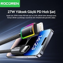 27w Type-c To Lightning Rgb Aydınlatmalı Örgülü Şarj Ve Data Kablosu 1 Metre
