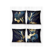 Lacivert Gold Çiçekler- 4 lü Kırlent Kılıf Seti -İki Tarafı