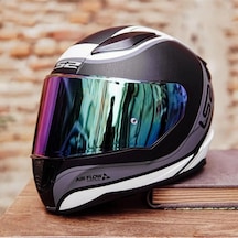 Koyu Mavi Vizörlü + Ls2 Rapid Deeper Full Face Motosiklet Kaskı Beyaz - Siyah