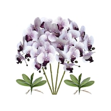 4lü Set Yapay Çiçek Beyaz Mor Çilli Islak Orkide Ve 2 Adet Orkide Yaprağı Gerçeksi Doku Uzun Dal 90cm