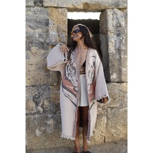 Elif Towels Özel Tasarım Ekru Renk Kaplan Desenli Kimono Kaftan Ekru