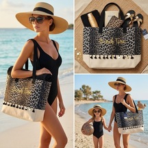 Kadın Leopar Desenli "beach Time" Gold Nakışlı Plaj Çantası - Püsküllü Kanvas Yazlık Omuz Çantası Çok renkli