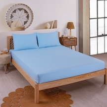 Pamuklu Çizgili Saten Tek Kişilik Lastikli Çarşaf Seti 100x200cm Açık Mavi