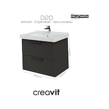 Creavit D20 65 Cm İki Çelmeceli Lavabo Dolabı Antrasit Lake Kapak Antrasit