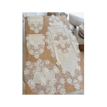 Salon Takımı Çeyizlik Krem Runner Set 5 Parça Keten Masa Örtüsü Runneri Lüx Evita Çok Renkli