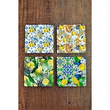 Doğaltaş Bardak Altlığı 4'lü Set -10x10x1 Cm Limon Desenler Baskılı - Stone Coasters Çok Renkli