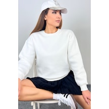 Kadın Cozy İçi Polarlı Ekru Basic Bisiklet Yaka Pamuklu Kalın Örme Sweatshirt Ekru