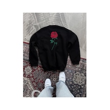 Kadın Oversize Kapüşonlu Cepli Gül Baskılı 3 İplik Pamuklu Hoodie Sweatshirt - Siyah