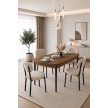 Renlife Açılır Yemek Masası Ve Sandalye Seti Metal Ayaklı 4 Sandalye + 80x130 Masa Ceviz Ceviz Krem