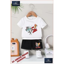 Ss Sinser Çocuk Unısex Tom Ve Jerry Sıse Kapagı Özel Baskılı Bisiklet Yaka Tişört - Şort Alt - Üst Çocuk Takım Renk:beyaz/sıyah