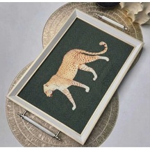 Leopar Desenli Dekoratif Tepsi Krem Gold Çerçeveli Ve Kulplu Çay Kahve & Sunum Tepsisi