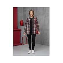 Polologin Butik Kadın Kırmızı-siyah Ekose Desenli Kalın Oduncu Gömlek Gri