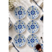 6 Lı Cam Çay Tabağı - Nazar Boncuklu Mavi Çiçek Desenli 12 Cm - 6 Adet Çay Tabak Lacivert