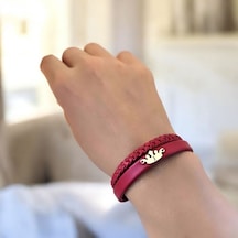 Archin J Harfine Özel Doğal Bordo Derili Taç Motifli 14 Ayar Altın Plakalı Hediye Bileklik-648harf J