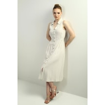 By Saygı Kadın Polo Yaka Ön Pile Düğme Detaylı Midi Keten Elbise-40626 Taş